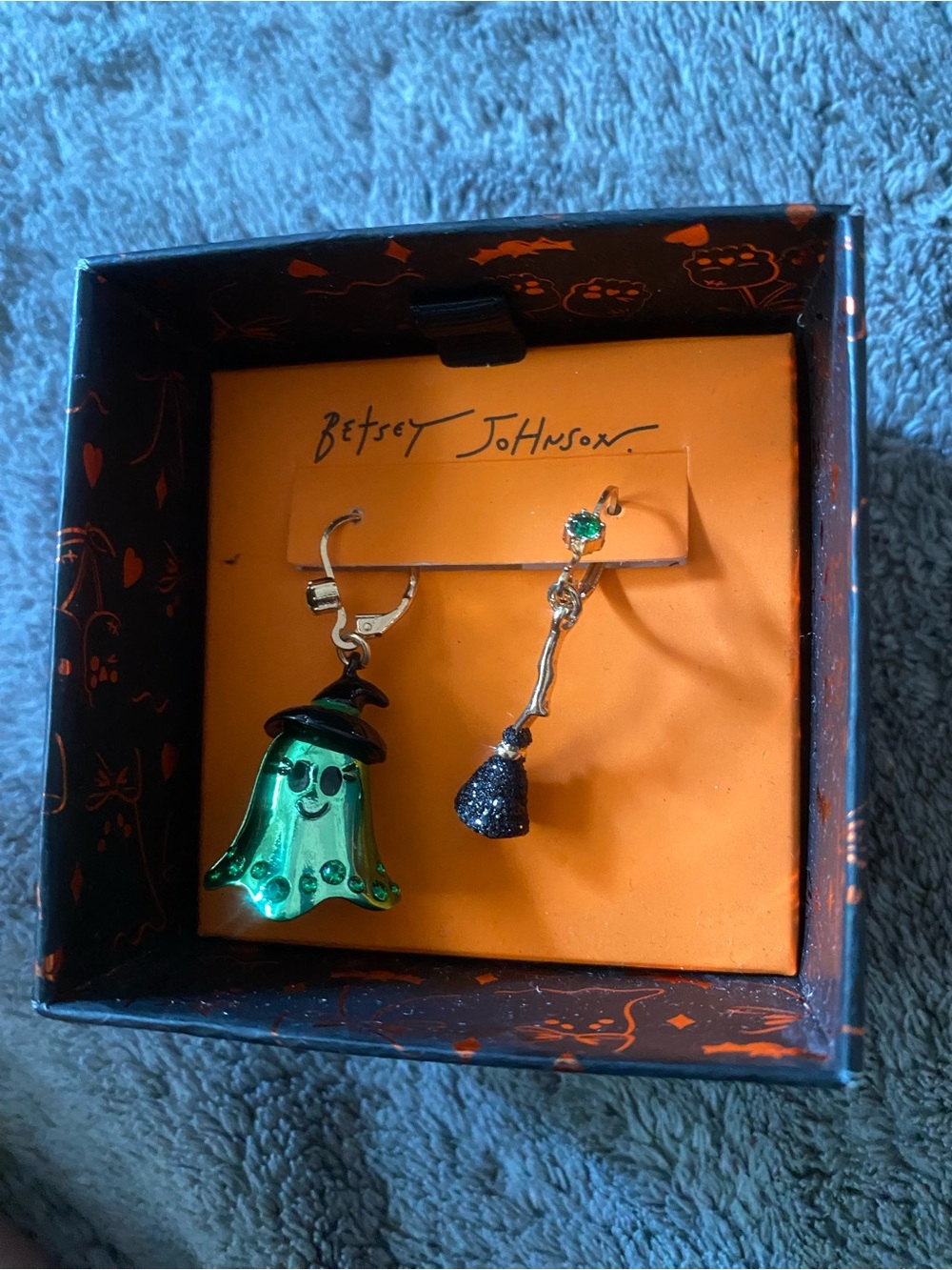 Betsey Johnson Metallic Green Ghost and Black Witch Dangle Earrings